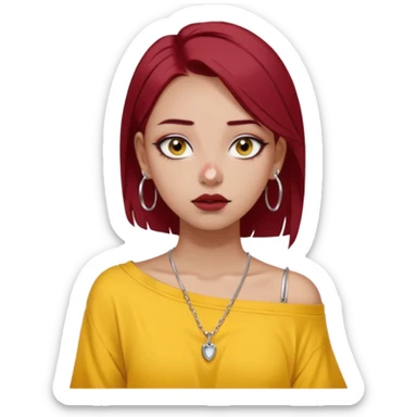 generate a pretty bratz girl with dark brown eyes. Dark red hair straight long. wearing a yellow oversized tee falling off her shoulder, dainty silver necklace, silver hoops, septum piercings. big eyeliner sticker
