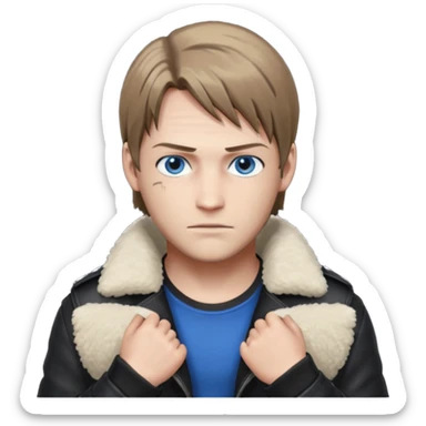 Leon Kennedy from resident evil 4 remake in sheepskin coat and black t-shirt blue eyes clean-shaved sticker