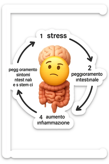 EMOJI STILE IPHONE 3D DI un cerchio con queste scritte che girano intorno in ordine per come li ho scritti "1. stress → 2. peggioramento intestinale → 3. aumento infiammazione → 4. peggioramento sintomi intestinali e sistemici." al centro del cerchio metti un cervello e intestino umani collegati verticalmente con espressione dubbiosa in volto, FALLO MOLTO REALISTICO IN 3D sticker