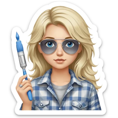 girl with long blond messy hair, white paint on her face wearing grey plaid shirt with blue eyes and aviator sunglasses wearing a ring on her silver necklace, holding a paint brush roller sticker