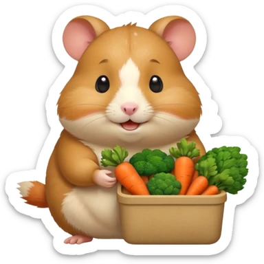 Cute chubby cartoon-style hamster holding a small bento box filled with vegetables, smiling proudly. Soft painterly shading, white background, sticker-style illustration sticker