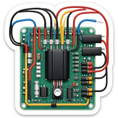 An icon featuring a circuit board, electrical wires, symbolizing electrical engineering. The design includes resistors, capacitors, and a power transformer, representing the study of electrical systems and innovation. Transparent background highlights modern electrical technology sticker