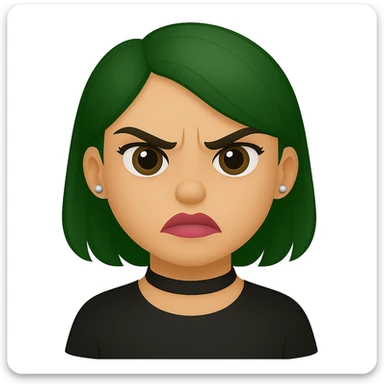 Create an emoji style image of a girl with green hair and an angry expression. She has hazel eyes, lipstick blended with nude and pink, silver stud earrings, and a choker necklace. sticker