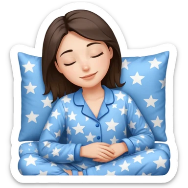 {
      "type": "human",
      "look": "woman in star-print pyjamas, soft blue set, sleepy smile",
      "description": "a woman in soft blue star-print pyjamas smiling sleepily"
    } sticker