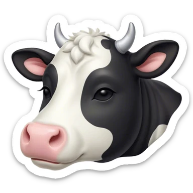 Meme-Worthy Cute Sleeping Black and White Cow Portrait Emoji, Head resting peacefully with a contented smile, showcasing a robust build and a luxuriously soft contrasting coat of black and white, eyes shut in a serene, restful nap, Simplified yet hilariously adorable features, highly detailed, glowing with a soft, drowsy light, high shine, relaxed and utterly lovable, stylized with an air of playful laziness, bright and heartwarming, soft glowing outline, capturing the essence of a comically sleepy cow, so meme-worthy it feels like it could instantly become the next viral sensation of adorable slumber! sticker