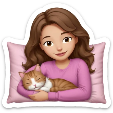 girl with wavy long brown hair, brown eyes, light to medium complexion, long lashes, light pink lipstick, smiling, wearing light pink shirt, sleeping on a cozy pillow, with brown tabby cat  sticker
