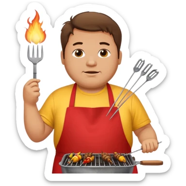 chubby man messy hair and dirty yellow shirt and a red apron grilling bbq and skewers on a sizzling grill sticker