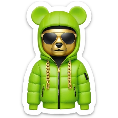 bearbrick toy with cubic head wearing a lime green balaclava with graffiti logos, wide single-piece visor sunglasses spanning entire face width, not divided for eyes, oversized puffy jacket with fur hood, gold chains sticker