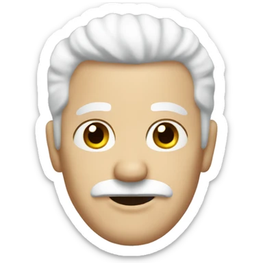 middle-aged man with white hair and a black mustache sticker