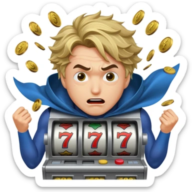 disheveled super hero losing money at a slot machine, panicked face, coins flying sticker