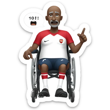old black bald man with a round belly in wheelchair. angry face. grey stubble. he is pointing finger in front. wearing Arsenal soccer shirt. a speech bubble with the word: "Mojdeh!" sticker