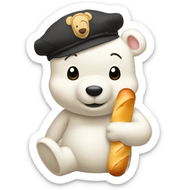 white winnie the pooh, parisien style with beret on hair and baguette on arms sticker