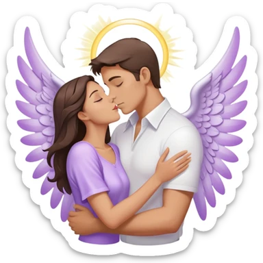 White brunette man human with rays of light Heart kisses a pastel purple angel woman sticker