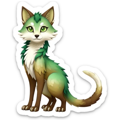 Kawaii dark edgy fantasy ethereal feline-vernid-sergal-fursona animal creature with a tufted tail full body, brown fur, with gradient beige-white intricate markings, hazel-gold-green eyes sticker