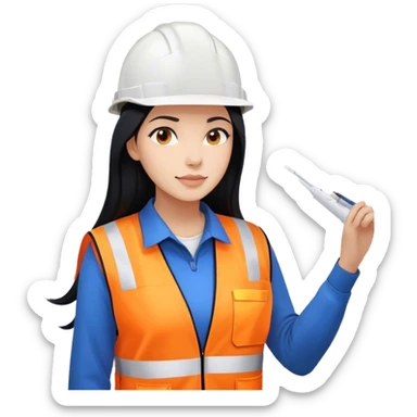 Female civil engineer with long black hair and white helmet wearing white shirt, blue sweater and an orange safety vest looking at big drawing plan  sticker