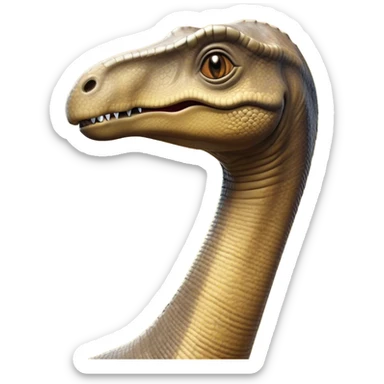 Cinematic Noble Brachiosaurus Portrait Emoji, Poised and majestic, with a towering, elongated neck stretching gracefully from a robust, column-like body, a small, gentle head with curious eyes, and subtle, textured skin in earthy tones, Simplified yet sharply defined features, highly detailed, glowing with a soft, golden radiance, high shine, intelligent and serene, stylized with an air of prehistoric grandeur, focused and calm, soft glowing outline, capturing the essence of a watchful and confident Brachiosaurus that appears ready to gracefully emerge from the screen with effortless power! sticker