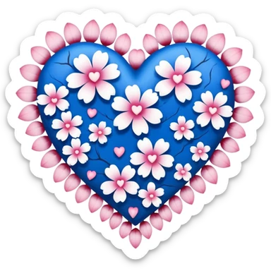 goth  blue sakura heart, heart made of white sakura petals with pink accents, remove background sticker