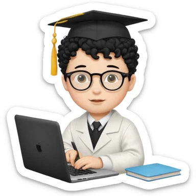 A baby boy DEVELOPER WITH A laptop, black curly hair and topknot, wearing glasses and a mortarboard sticker