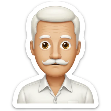 man with oval-shaped flat-top head, bushy white mustache, wearing a white shirt with three white buttons sticker