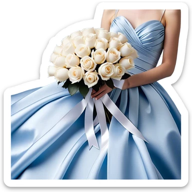 Against a soft, misty blue satin backdrop, a luxurious bouquet of powder blue and ivory roses is elegantly tied with a wide, flowing pearl-white silk ribbon that cascades gently onto the surface. Floating gracefully above the bouquet, a cluster of metallic pearl balloons in shades of silver-blue and soft champagne reflects the ambient light, casting a delicate shimmer. A few loose rose petals rest on the fabric, adding to the dreamy, romantic atmosphere. sticker