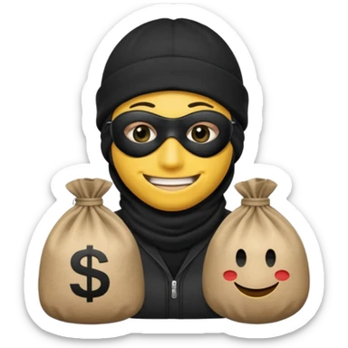 smiley robber wears black eye mask and black beanies with one money bag beside him sticker