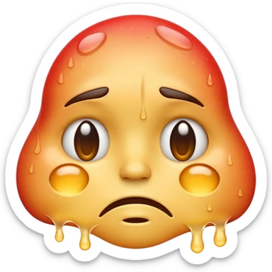 Apple-style emoji illustration of a melted, overheated face with sweat drops, expression annoyed, half-closed exhausted eyes, soft 3D emoji style, smooth gradients, rounded shapes, simple expression, centered composition. sticker