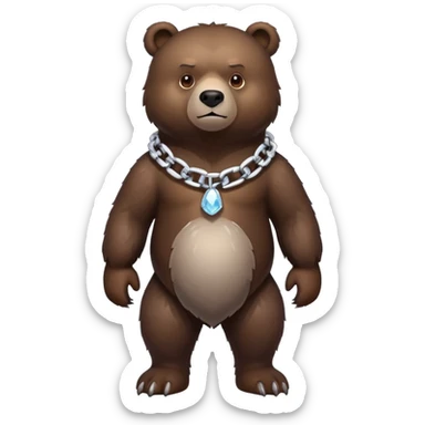 Very realistic dark brown bear standing on all four legs with intimidating gaze, wearing only a plain ice chain around its neck sticker