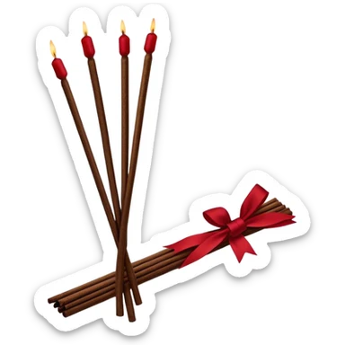A bundle of incense sticks wrapped with a Persian red ribbon, exuding a vintage glamour aesthetic. The rich, deep red hue contrasts elegantly with the natural texture of the incense. Soft lighting enhances the luxurious and nostalgic feel of the composition. sticker