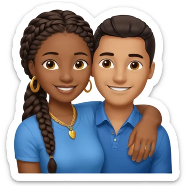 smiling embracing interracial couple. dark ebony woman with long braided hair and jewelry. brazillian man short hair wearing blue. sticker