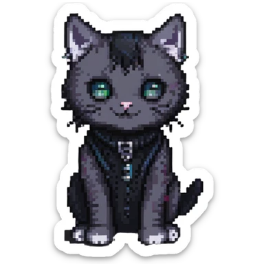 emo kitty, dark colors, pixel art style sticker