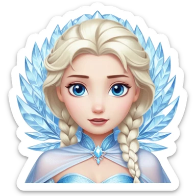 Cinematic Realistic Elsa Portrait, depicted with lifelike skin texture, soft natural lighting, and intricately detailed platinum blonde hair styled elegantly. Her striking, expressive blue eyes exude confidence and grace, complemented by a serene and regal expression. She is dressed in her signature icy attire, with shimmering fabric textures and delicate folds that catch the light beautifully. The portrait features a soft, enchanting glow with a cool, radiant finish, capturing the essence of timeless elegance in a realistic and painterly style, evoking a sense of depth and authenticity. sticker