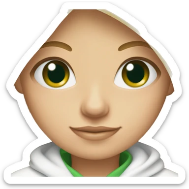 Blond Girl with Green eyes wearing a cozy white planket and a pink Cup of Team sticker