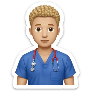 Ripped, athletic man with thick neck, high top fade with no part, curly hair only top only, no shirt and show waistline up add scrubs sticker