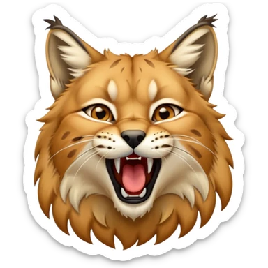 Cinematic-detailed-Yawning-Lynx-Portrait-Emoji – Head tilted slightly with a dramatic, wide-open yawn, revealing a sleek golden-brown fur coat with subtle spots, signature black ear tufts standing tall, round amber eyes barely open in drowsy contentment. sticker