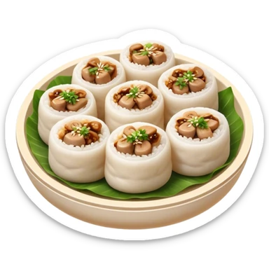 Cinematic Realistic B√°nh cu·ªën Dish Emoji, featuring steamed rice rolls filled with savory minced pork and mushrooms rendered with soft textures and inviting, warm lighting. sticker