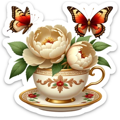 Soft beige peonies bloom beside an ornate gold coffee cup, while butterflies with cinnamon and brick-red wings flutter gently. Warm, vintage light enhances the scene. sticker
