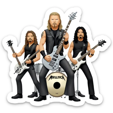 Icon for Metal Music: Metallica band members detailed in their signature look. James Hetfield with guitar, Lars Ulrich on drums, Kirk Hammett with his electric guitar, and Robert Trujillo playing bass. Bold, energetic style with musical notes, all in a heavy metal aesthetic. Transparent background. sticker