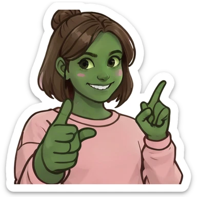 A girl with brown hair and white skin is smiling, pointing her index finger, and wearing a pink sweatshirt sticker