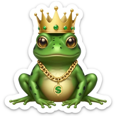 gangster frog wearing a gold crown, cool sunglasses, gold chain, dollar sign chain sticker