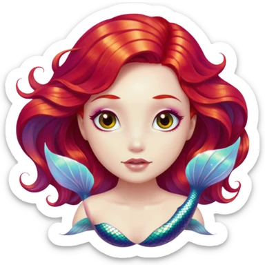 Cinematic Realistic Red Hair Mermaid Portrait, depicted with lifelike porcelain white skin that glows with an ethereal radiance, enhanced by soft underwater lighting. Her intricately detailed, flowing red hair cascades like liquid fire, framing deep, soulful eyes that mirror the mysteries of the deep sea. Accented by shimmering, iridescent scales and delicate aquatic embellishments, the portrait features an enchanting underwater glow that marries realism with mythic ocean elegance. sticker