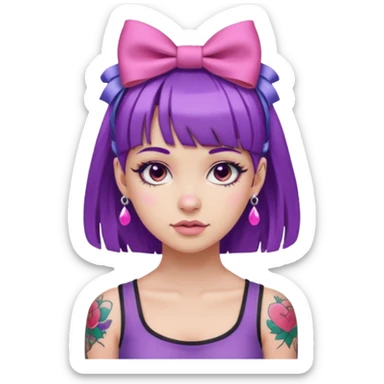 girl with bangs and purple hair and pink hairbow on the side of head and earrings and tattoos sticker