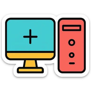 PC computer, lineal color outlined icon style, with black outlines and color fills sticker