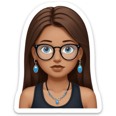 White girl with long brown hair, part going more to the RIGHT side, BLUE eyes, wearing BLACK plastic frame glasses. SEPTUM nose piercing hoop (at bottom of nose) AND stud nose piercing on right side of nose. Wearing BLACK tank top. No other jewelry sticker