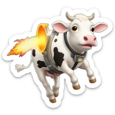 cow with udder flying to space while wearing a jetpack that is emitting flames sticker