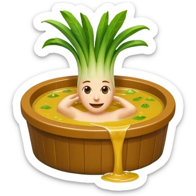 Create a 3D emoji of a relaxed leek in a jacuzzi filled with a slightly lumpy, yellowish-brown sauce sticker
