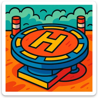 cartoonish helipad, round platform with large H, vibrant colors, exaggerated details sticker