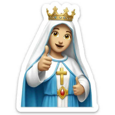 blessed virgin mary with one hand thumb up, with white skin, with blue veil and white clothes, with crown, with halo sticker