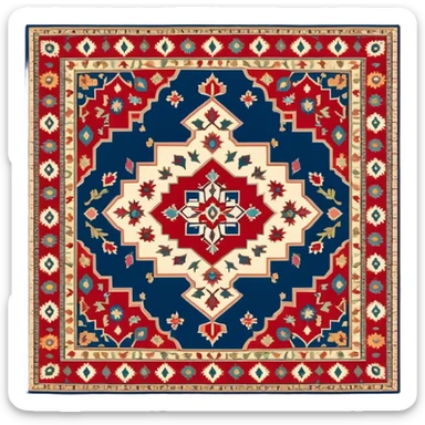 Cinematic Realistic depiction of a richly patterned Turkish carpet, rendered with exquisite details and vibrant colors, set against a soft, warmly lit background that emphasizes its artisanal craftsmanship sticker
