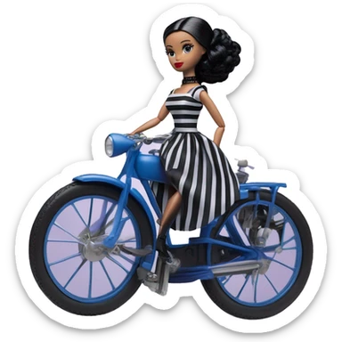 1920s black hair Silkstone Marie Antoinette Barbie Wednesday Addams from academy in a blue and black vertically-striped classic dress. riding hot rod bikes with crows sticker