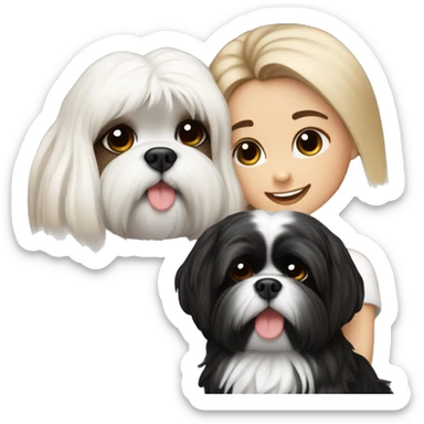 A couple, one very beautiful girl with very long volume hair brown and blond and one boy with perfect hair that hugs her and also hug two black and white shih tzu and they are in love  sticker